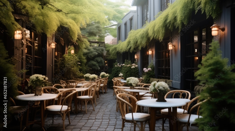 Outdoor seating and tables with flowers and greenery.