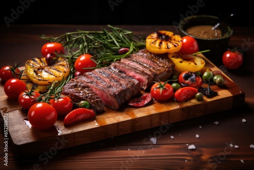 Wooden Cutting Board with Steak and Vegetables
