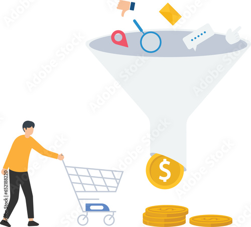 Sales funnel or online marketing conversion rate, Customer flow from awareness, Click and purchase product on e-commerce website, Holding shopping cart with money coin from sales funnel

