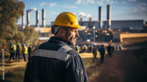 A utilities manager working at power station, Wearing a yellow hard hat and reflective vest.