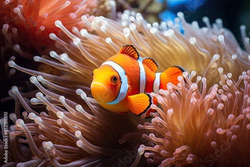clown fish swims in the sea on the background of coral reefs photo