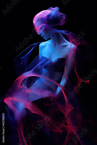 abstract silhouette of a woman similar to a sculpture in blue and red shades