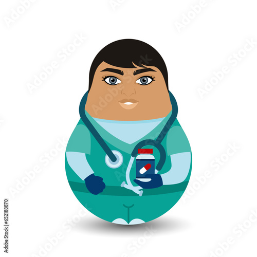 Doctor. A doctor in uniform with a stethoscope around his neck and medicine in his hand. Design tilting toy. Modern kawaii dolls for your business project