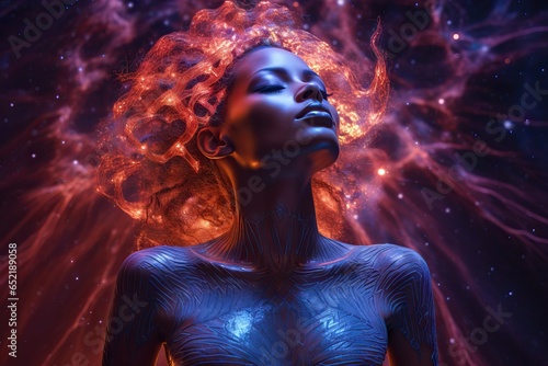 a black woman with his eyes closed, against the background of astral, spiritual radiance. Physical waves and self-knowledge