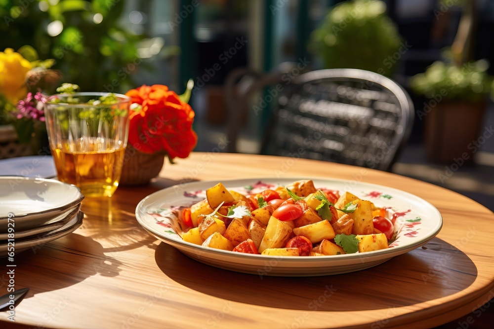 lunch in the summer garden, patatas bravas lunch in the summer garden, patatas bravas
