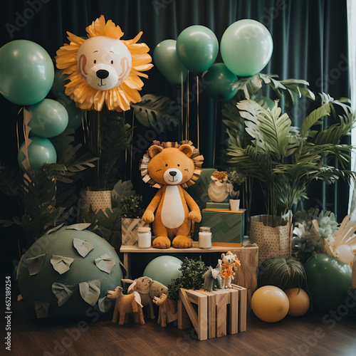 1st birthday of a baby boy in theme safari, with christmas tree