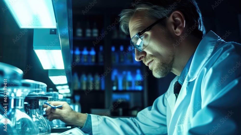 A researcher work meticulously on pharmaceutical inside a pharmaceutical manufacturing facility. A researcher work meticulously on pharmaceutical inside a pharmaceutical manufacturing facility.