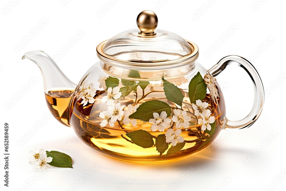 Jasmine tea in a big of glass teapot isolated on white Jasmine tea in a big of glass teapot isolated on white