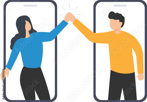 Virtual hi five for success collaboration, Remote working or online greeting for business achievement, Online video conference, Share hi five from mobile phone

