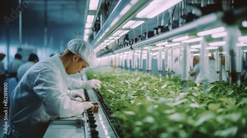 Scientists cultivate organic lettuce using advanced technology and automation in a modern agricultural greenhouse.