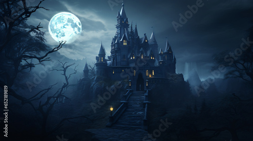 Spooky old gothic castle foggy night haunted mansion