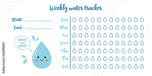 Vector printable weekly water balance tracker. 12 glasses per day calendar. Hydration challenge. Water balance tracker template. Drinking enough water.