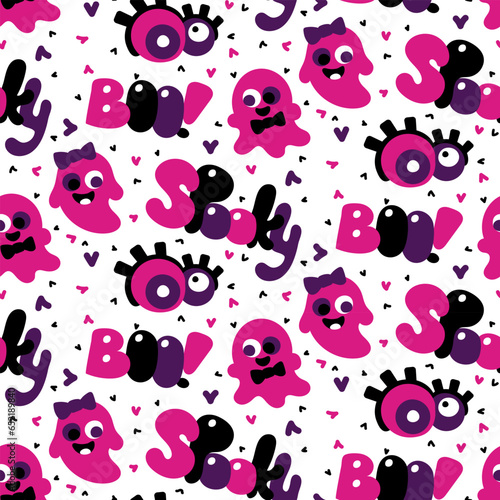 Seamless pattern in pink, purple, black colors for Halloween. Ghost, girl, boy, creepy, crazy eyes and hearts on a white background vector illustration in cartoon style. Holiday packaging, party