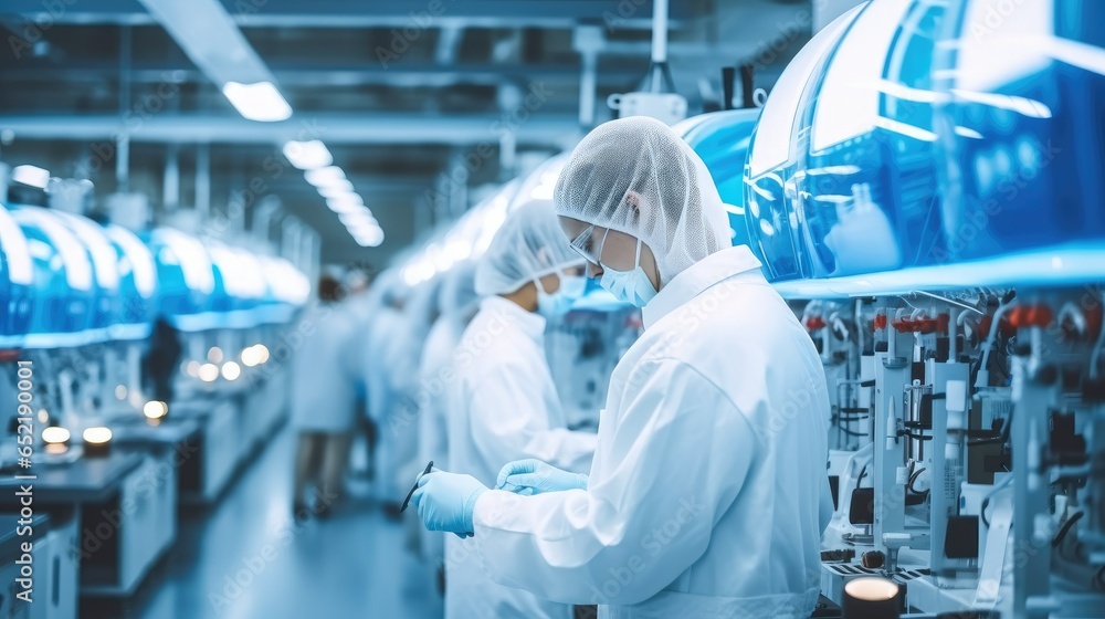 Professionals in clean white uniforms work with advanced technology and machinery at industrial pharmaceutical factory. Professionals in clean white uniforms work with advanced technology and machinery at industrial pharmaceutical factory.