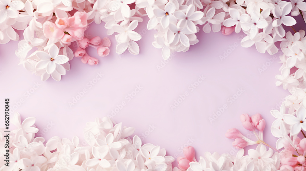 Spring flowers on female pastel desk White lilac
