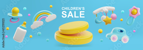 Children s shop sale banner with cute 3d elements, vector illustration on blue background.