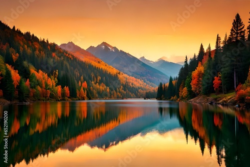 A picturesque lake nestled among hills  with colorful autumn foliage, the sunset casting a dreamy reflection on the calm waters.