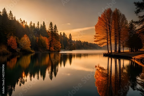  A beautiful serene autumn evening by the side of a tranquil lake, where the sun's golden rays create a magical atmosphere over the water generated by AI tool.
