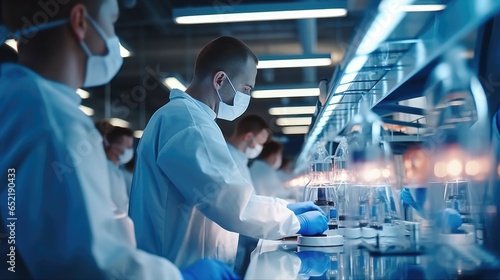 Scientists using advanced technology and machinery working sterile production of medical drugs and equipment in a modern laboratory and factory.