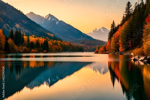 A picturesque lake nestled among hills adorned with colorful autumn foliage.