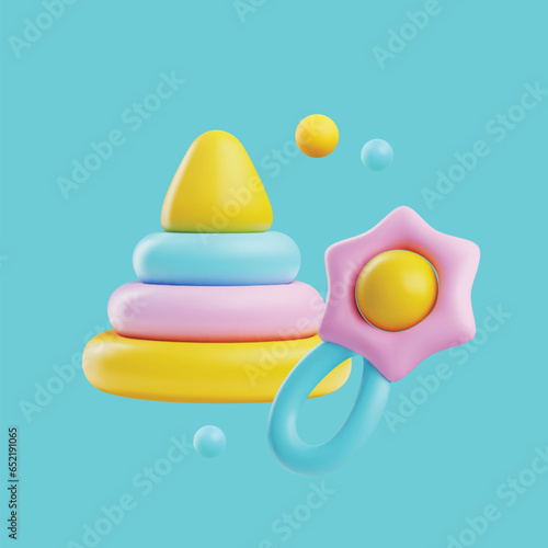 Realistic colorful pyramid and rattle baby toys 3D style