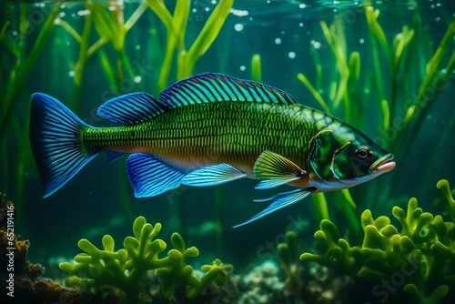 A green beautiful tropical fish under water with plant ife all around. photo