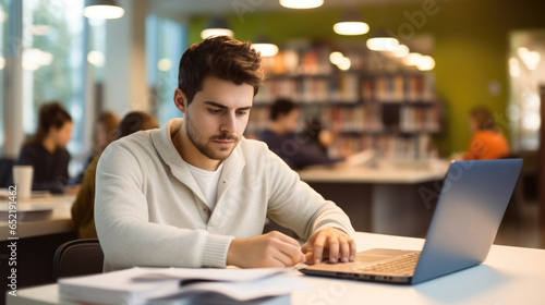 Portrait of young man doing work with laptop and books for finding information at library.