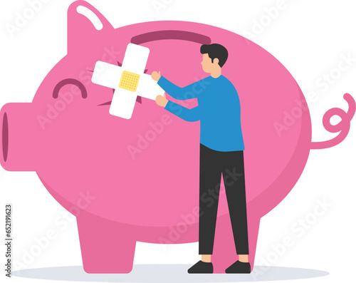 Fix financial problem, investment or saving impacted by crisis or inflation, bankruptcy, deposit or budget concept, Poor cracked piggy bank with bandage metaphor of fixing problem

