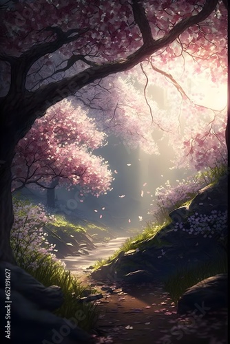 the interplay of sunlight filtering through the leaves of cherry blossom trees cherry blossom flowers failling in the wind japansese fairy HD 16K 