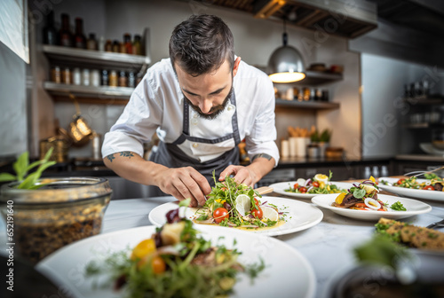 Photo of a chef cooking in a restaurant kitchen, salad
