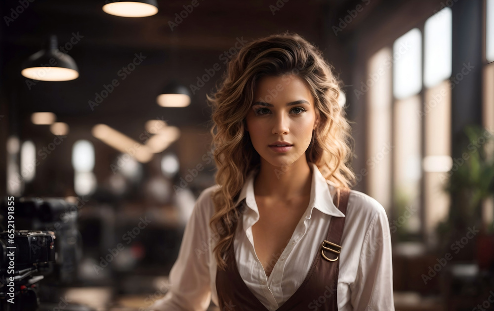 Obraz premium Happy young woman - coffee shop owner, barista standing in her cafe, confident entrepreneur, small business owner, copyspace.