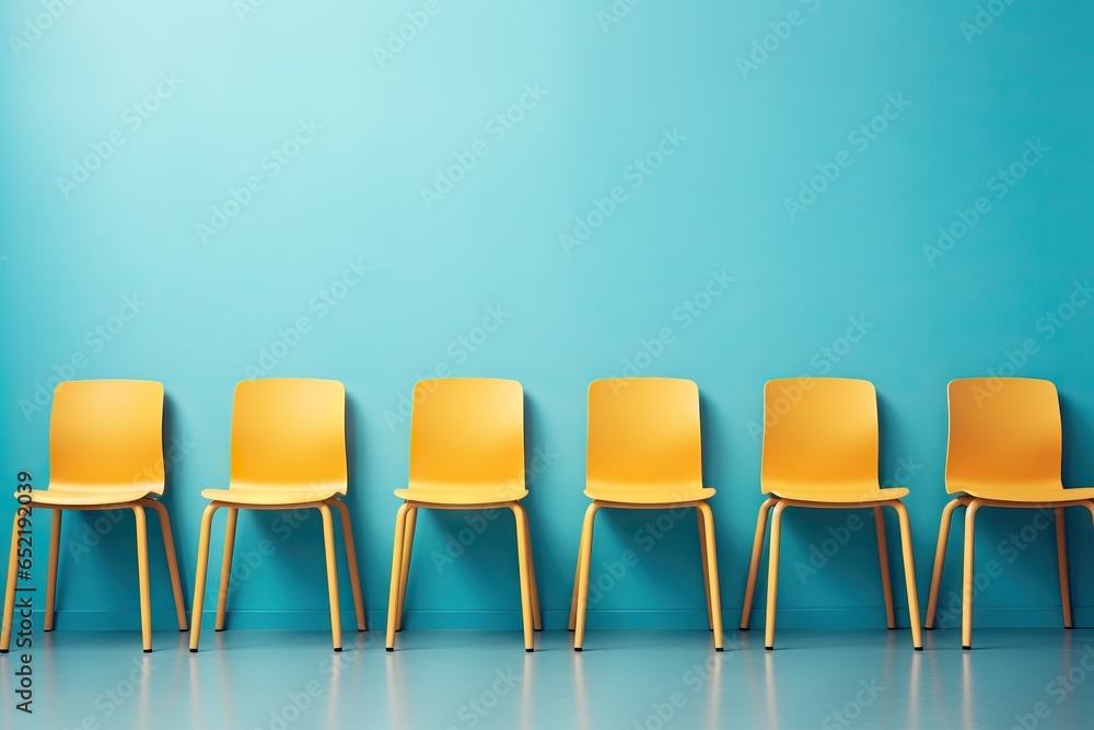 Obraz premium Lineup of yellow chairs on blue backdrop with room for text