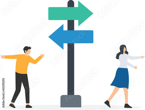 Different individual way, different business direction or team conflict, opposite decision, contrast or disagreement, Holding arrow running in opposite position

