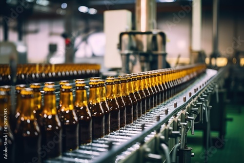 Glass brown bottles of beer on conveyor belt with light, concept brewery plant production line, beer factory.