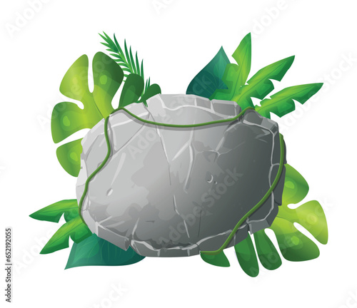 Stone board with leaves, vector illustration isolated on white.