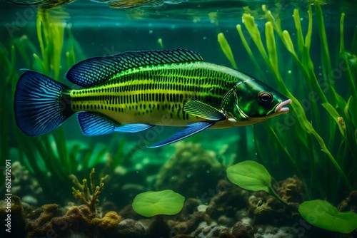 A green beautiful tropical fish under water with plant ife all around. photo