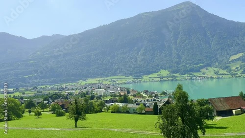 Panoramic View over City Arth Goldau and Lake Zug with Mountain in a Sunny Summer Day in Schwyz, Switzerland, Europe photo