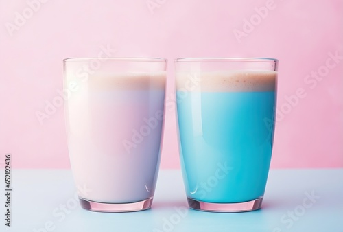 2 glasses with colored drinks on a colored background
