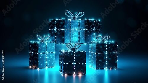 Christmas background Polygonal technology with Christmas box, background. Low poly blue, Generative ai