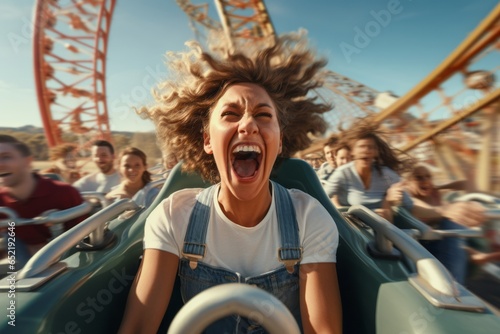 A girl screams on a roller coaster. The concept of extreme recreation. generative ai.