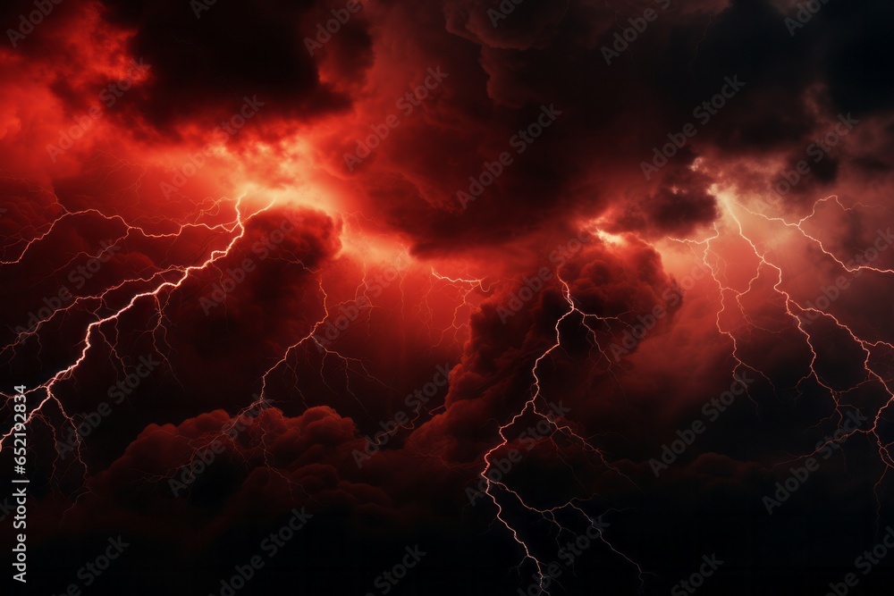 Black clouds with red lightning. Change in weather conditions. generative ai. - obrazy, fototapety, plakaty 