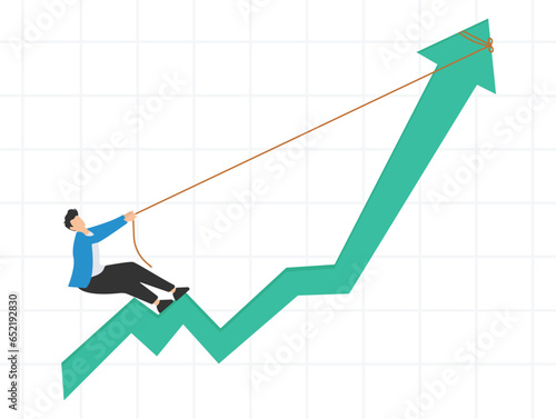 Increase sales or investment profit, growth or improvement, Financial interest rate or crypto and stock market return, Men Pulling performance graph rising up with full effort
