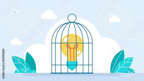 Locked bird cage with light bulb. Trap, imprisonment, jail concept.  Limited thinking. Limitation of thinking concept. Locked, trapped creative idea. Business idea is closed. Vector illustration