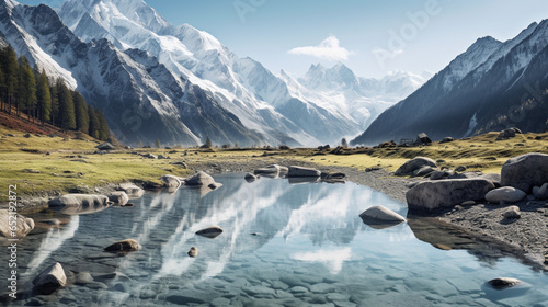 Snow-capped mountains Towering over a tranquil lake in the Alps 