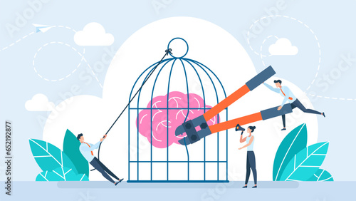 Limited thinking. Freeing the brain from captivity. Open your mind to new ideas and knowledge. Freeing brain from imprisonment. Opening creative mind. Unlock potential. Flat vector illustration