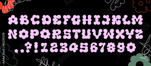 Retro font in 90s and Y2K aesthetics with bold, puffy English letters and numbers. Vector flower bloom shaped alphabet suitable for Y2K designs and children's projects