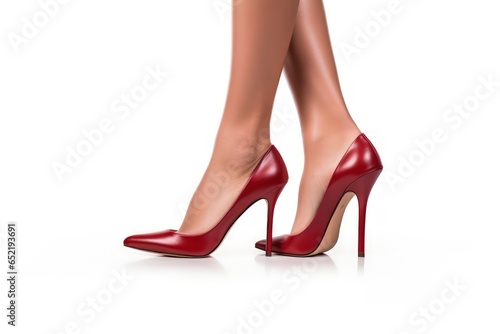 Female legs in red high-heeled shoes on a white background.