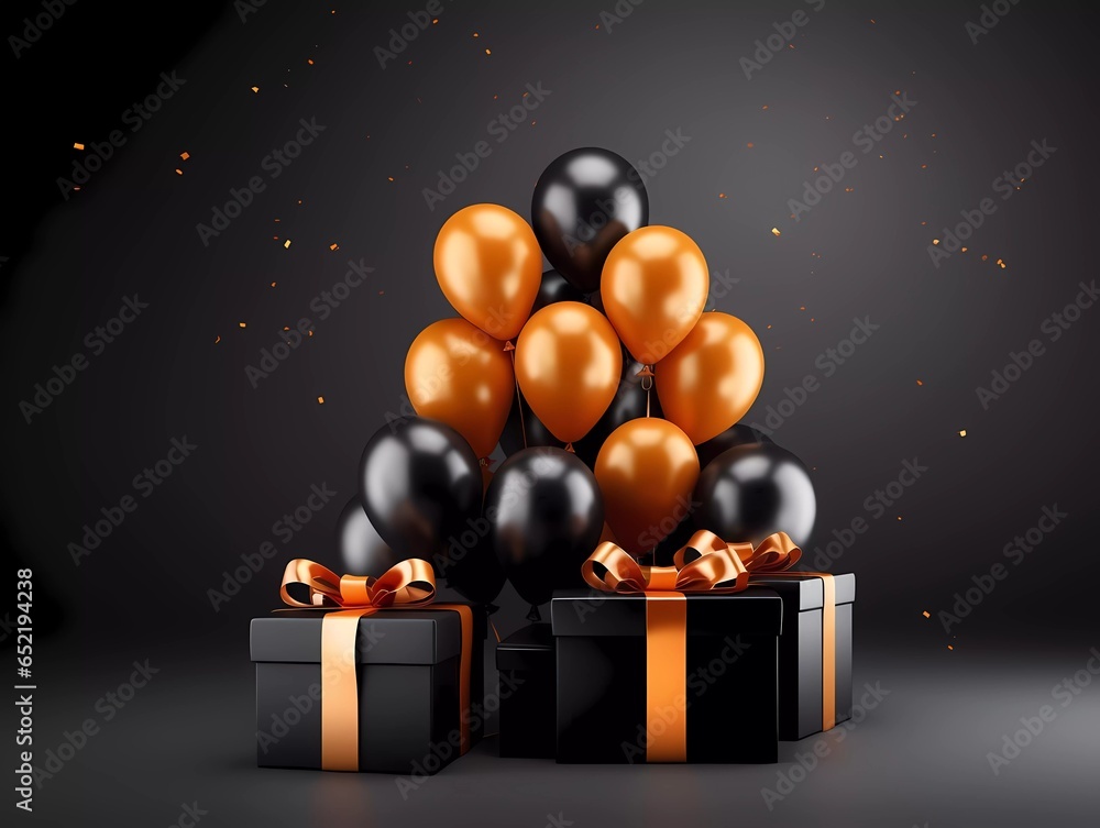 Naklejka premium A greetings banner or postcard with black and orange air balloons on black background. Celebration day. Generative Ai