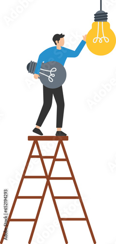 Change to new innovation, transform to new business, Solution to disrupt or replace old model with bright technology, Leader climb up ladder to change lightbulb idea

