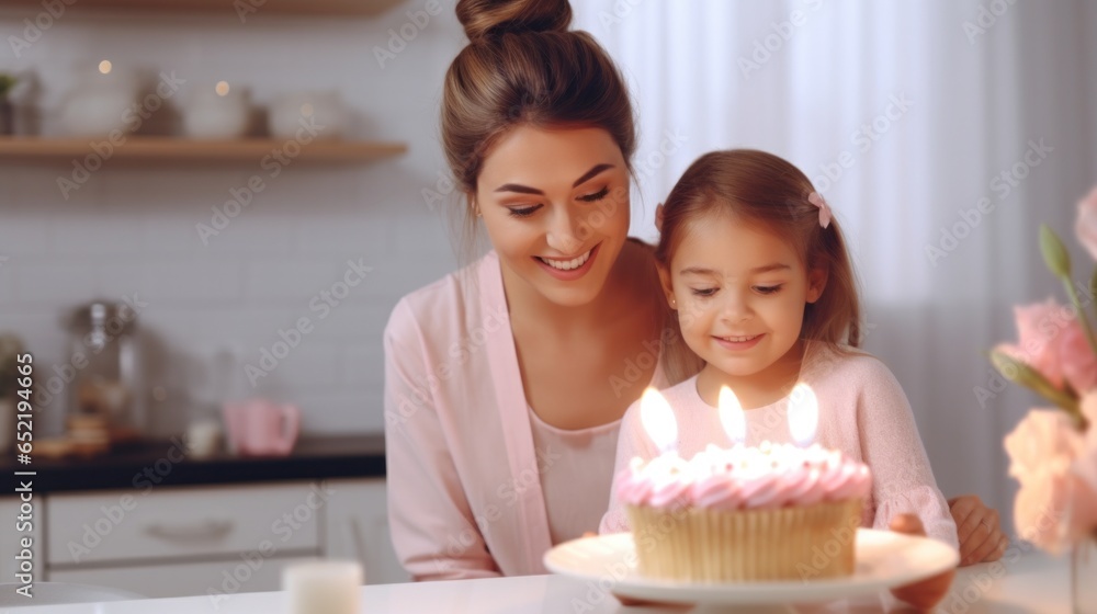 Happy mom and daughter celebrating birthday at home, looking at cake with lit candles, making wish while sitting at table in kitchen with smiling.